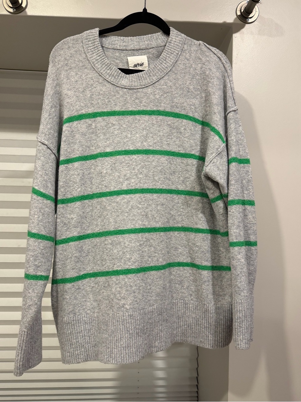 aerie Gray Sweater with Green Stripes - Relaxed Crewneck